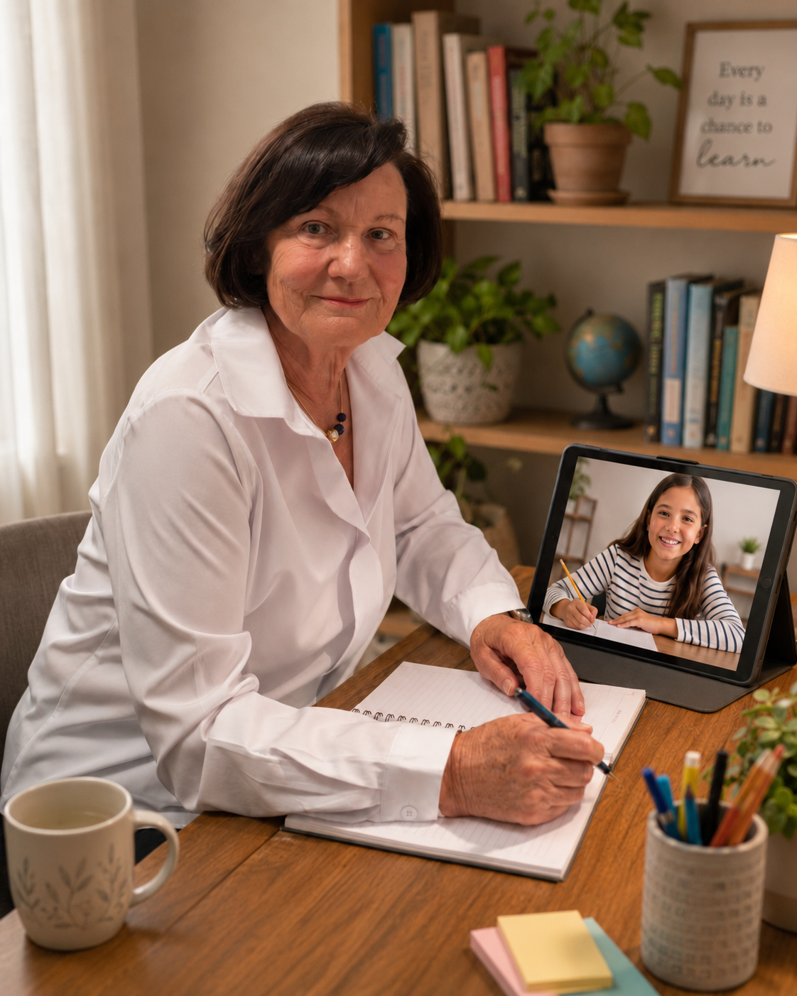 Marion Partzsch, Deutschlehrerin für Kinder im Ausland, am Schreibtisch